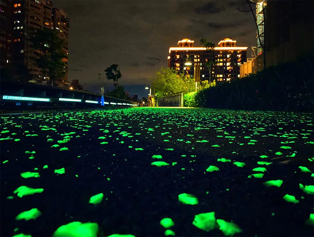 桃林鐵路夜景，路面螢光石點點發亮，兩旁高樓與行道燈。