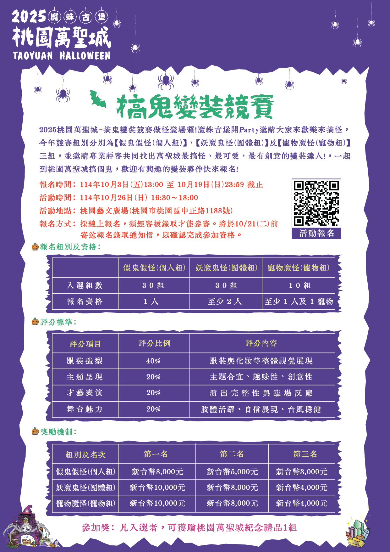 2025 桃園萬聖城「搞鬼變裝競賽」活動海報，含報名期間、活動時間、獎金與評分項目等資訊。