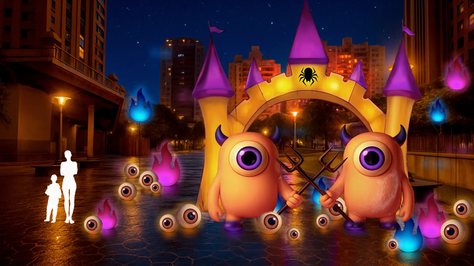 樹間串燈下的鬼火與巨型眼球裝置，路燈覆以蛛網