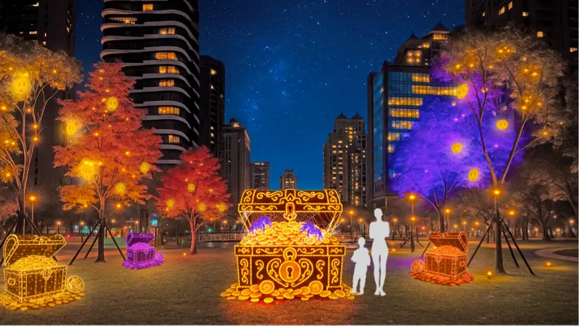 紫蛛寶藏箱：巨型發光寶箱與金幣特效。