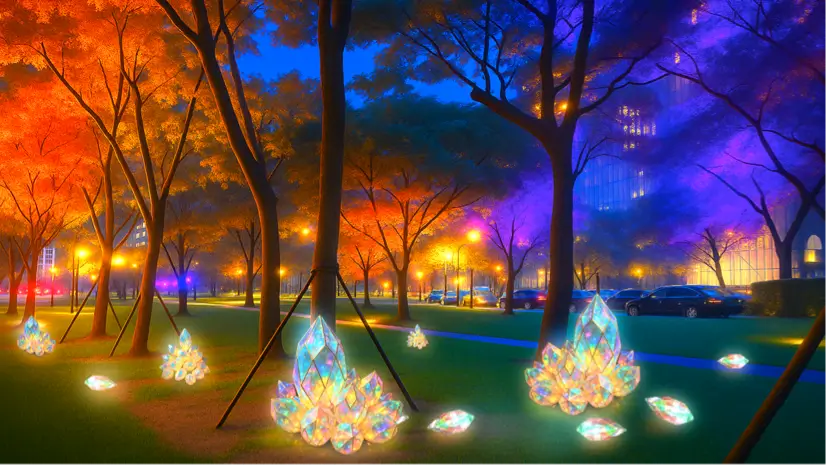 炫光彩晶礦：多顆彩色發光水晶散落林間。