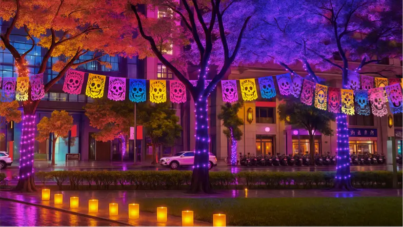 骷魅光之幡：彩色骷髏旗串掛滿林道。