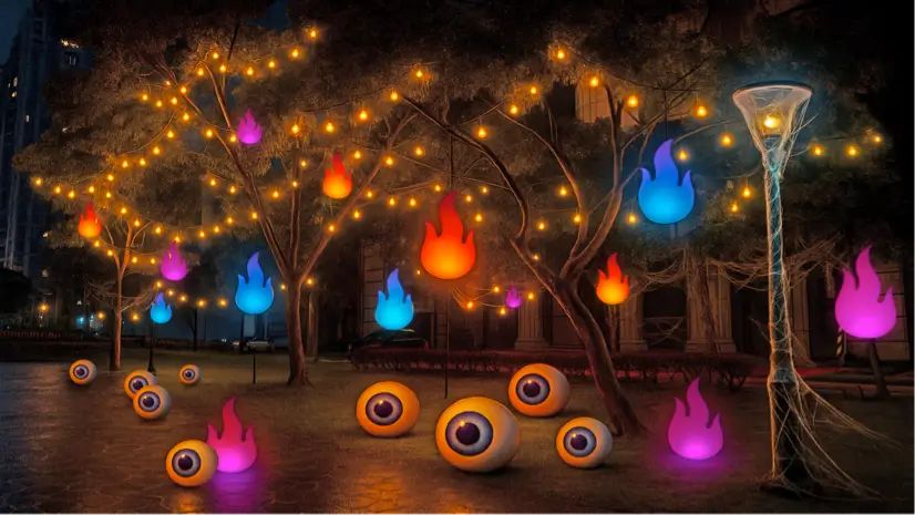 冥焰幻瞳林：樹間吊掛冥火與巨型眼球裝置。